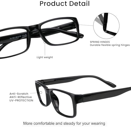 VisionGlobal 4 Pairs Reading Glasses, Computer Reading Glasses for Women and Men, Fashion Square Eyewear Frame(4 Black,+2.00)