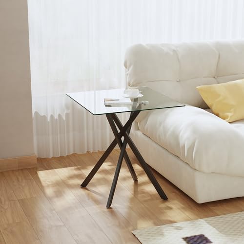 Small Side Coffee Table with Metal Legs, Tempered Glass Square Modern End Table for Living Room Sofa Home Office (1, Black, 20"×20"×22")