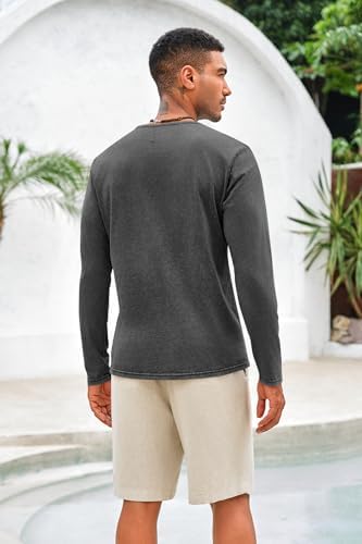 Beotyshow Mens Distressed Henley Shirts Front Placket Retro Long Sleeve Tee Shirts Casual Button Down Washed T-Shirts for Men