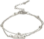UNIFT Layered Bracelet For Women Recumbent Cat Double Chain Bracelet Stainless Steel Cute Cat Pendant Double Layer Bracelet Jewelry Gifts For Cat Lover