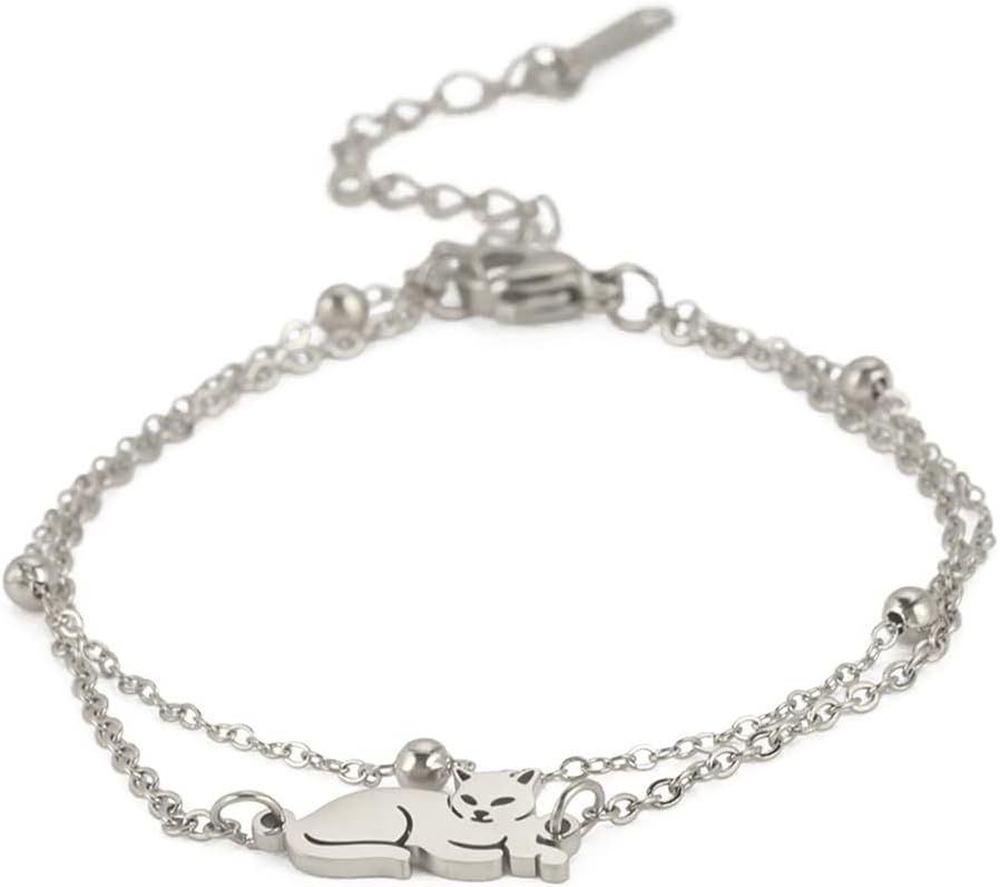 UNIFT Layered Bracelet For Women Recumbent Cat Double Chain Bracelet Stainless Steel Cute Cat Pendant Double Layer Bracelet Jewelry Gifts For Cat Lover