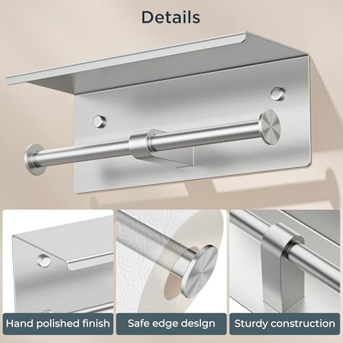 FORIOUS Double Toilet Paper Holder with Shelf, Wall Mount Tissue Roll Holder for Bathroom, 304 Stainless Steel Commercial Toilet Tissue Dispensers with Phone Shelf (1, Stainless Steel)