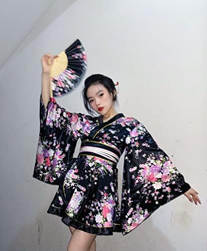 Japanese Anime Women's Dance Kimono Robe Fancy Dress Hand Held Silk Folding Fans Tabi Hairstick Socks Set