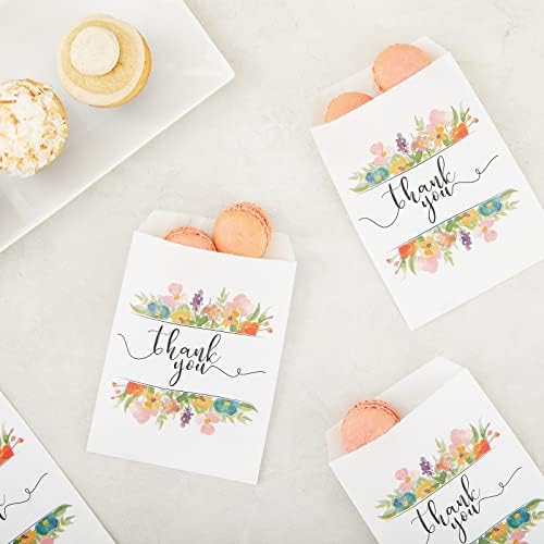 Juvale Paper Bags for Cookies & Treats - 7.5 x 5 in, White, 100 Pack - Thank You Pouches with Flowers & Floral Paper Party Favors - Wedding Favor Candy Bags