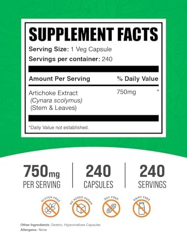 BulkSupplements.com Artichoke Extract Capsules - Artichoke Extract for Liver Support, Herbal Supplement - Vegan & Gluten Free, 1 Capsule per Serving (750mg), 240 Veg Capsules (Pack of 1)