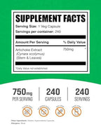 BulkSupplements.com Artichoke Extract Capsules - Artichoke Extract for Liver Support, Herbal Supplement - Vegan & Gluten Free, 1 Capsule per Serving (750mg), 240 Veg Capsules (Pack of 1)