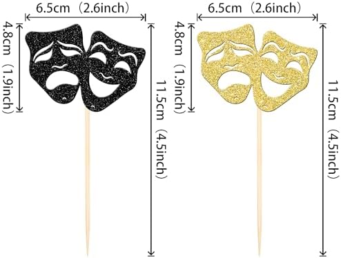 24 PCS Theatrical Mask Cupcake Toppers Glitter Comedy Movie Night Cupcake Picks for Film Festival Theme Birthday Party Cake Decorations Supplies Black Gold