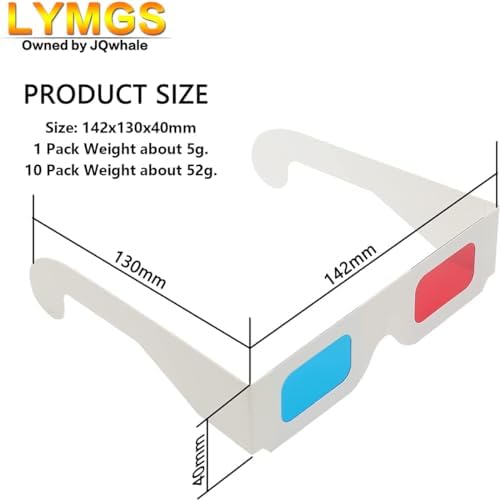 10 Pairs 3D Paper Glasses, Red and Cyan Lens in White Frame Anaglyph Cardboard for Movies - Folded in Protective Sleeve