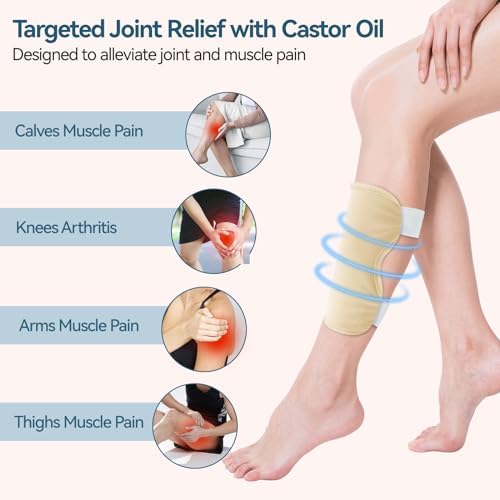 Upgraded Castor Oil Pack Wrap – Larger Knee Size for Men & Women, Organic Cotton Caster Oils Compress Pads for Elbow, Arm & Thigh, Adjustable Velcro Elastic Strap, Waterproof & Reusable (2 Pack)