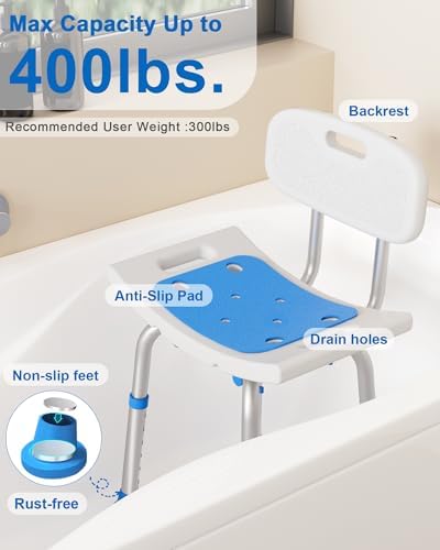 HOMLAND Shower Chair for Inside Shower with Removable Back, 400 lbs Heavy Duty Bath Seat for Bathtub, Safety Bath Stool for Seniors and Disabled