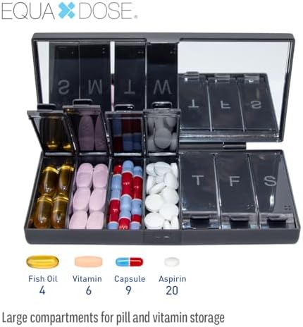 EQUADOSE Weekly Pill Case, 7-Day Medicine Organizer with Mirror, Compact Vitamin Storage Box, Travel-Friendly Pill Planner, 7 Individual Compartments for Supplements, Tablets, and Medications, Black