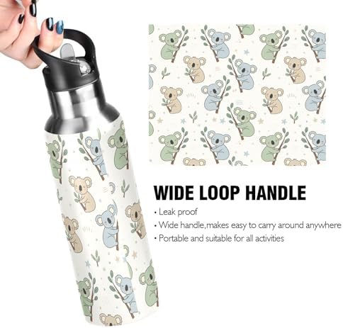 Water Bottle with Straw Stainless Steel, Koala Patter Hot Cold Insulated Sports Water Bottle for Cycling Hiking School Yoga Gym, Leak Proof Lid