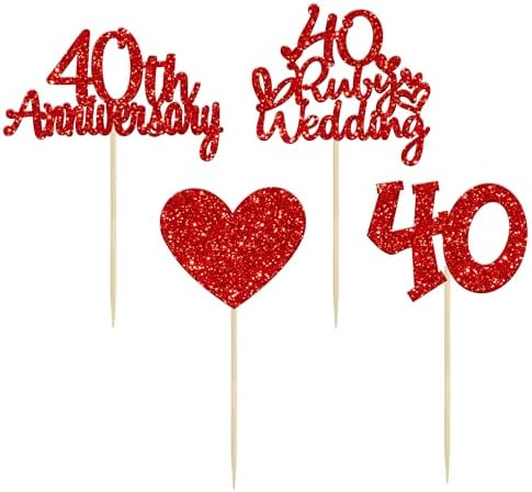 Gyufise 24Pcs 40th Anniversary Cupcake Toppers Heart Cake Toppers Ruby Wedding Anniversary Heart Cake Decoration for 40 Years and Love Celebration Party Supplies