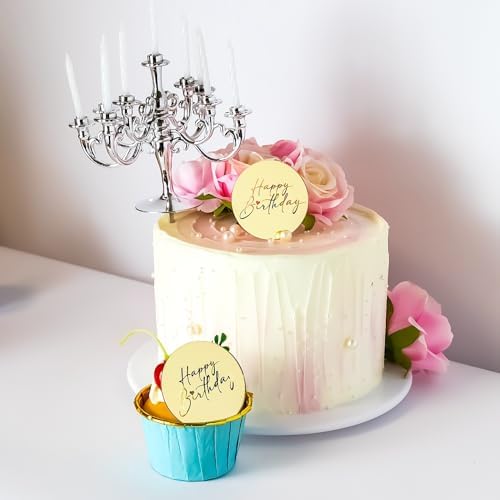 12pcs Happy Birthday Mirror Acrylic Cake Disc Acrylic Cupcake Toppers for Birthday Party DIY Cupcake Decoration