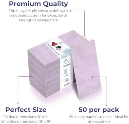 Premium 3-Ply Napkins 50-Count - Compostable 16x16 inch Disposable Lavender Dinner Napkins for Weddings, Parties & Events - Eco-Friendly Elegant Collection