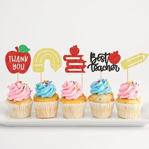 Ercadio 30PCS Teachers's Day Cupcake Toppers Glitter Best Teacher Cake Picks Thank You Apple Pencil Stationery for Baby Shower Birthday Anniversary Thanksgiving Day Party Cake Decoration