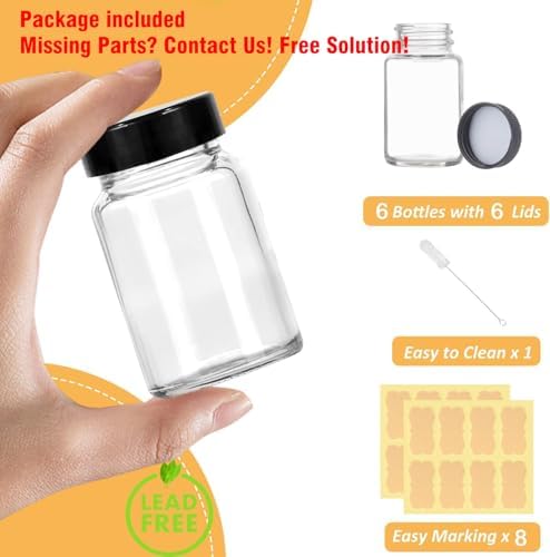 LANBEAUTIFY 2 oz Small Clear Glass Bottles with Lids - 6Pcs Wide Mouth Shot Bottles with Caps for Ginger Shots, Juice, Potion, Liquids, Whiskey - Mini Travel Bottles with Funnels, Stickers