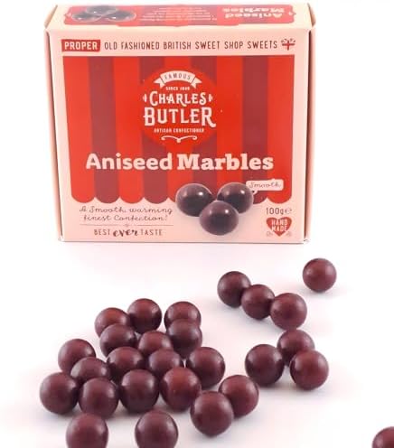 Charles Butler Aniseed Marbles 100g (3.5oz) - Red Aniseed Balls | Handmade Anise Candy | Old Fashioned British Hard Candy Gift Box | English Hard Boiled Sweets | Confectionery from England, UK