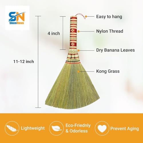 (Tiny Size) 11 inch Short of Asian Whisk Broom Thai Natural Straw Broom with Embroidery Nylon Thread Handle with Nylon Hanger