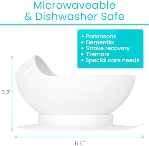 Vive Spill-Proof Scoop Bowl (2 Pack) - Adaptive Eating Equipment with Lipped Edge for Elderly & Disabled - No-Spill Scoop Aid for Parkinsons, Dementia, Strokes, Tremors - Special Non-Skid Bowl (White)