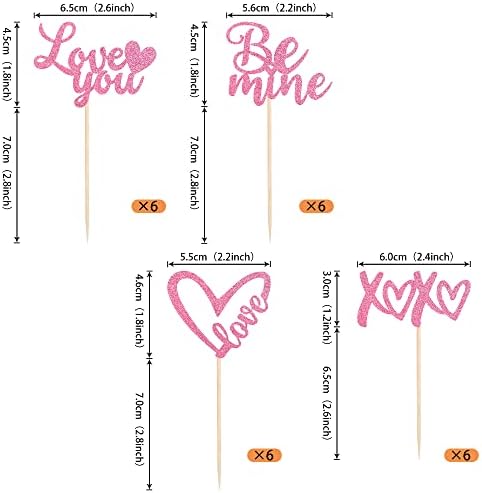24 Pack Valentine's Day Cupcake Toppers Glitter XOXO Love You Cupcake Picks Be Mine Cake Decorations for Valentine's Day Theme Wedding Bridal Shower Birthday Party Supplies Pink