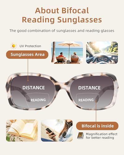 JM 2 Pack Classic Bifocal Reading Glasses Rectangular Stylish Sunglasses Readers for Women +2.25 All Black&Grey Tortoise