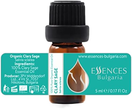 Essences Bulgaria Organic Clary Sage Essential Oil 1/6 Fl Oz | 5ml | Salvia sclarea | 100% Pure and Natural | Undiluted | Therapeutic Grade | Family Owned Farm | Steam-Distilled | Non-GMO | Vegan