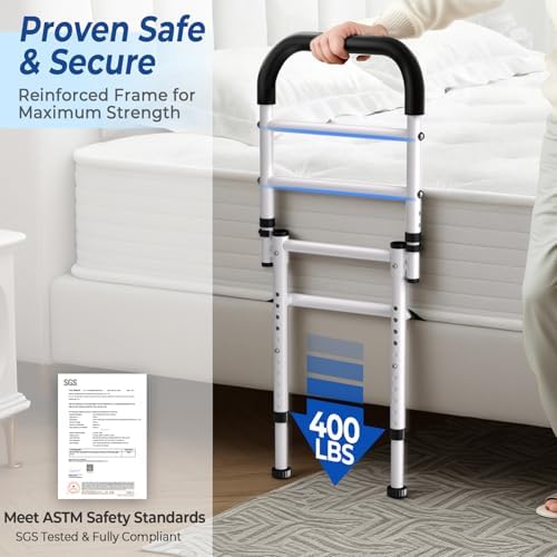 KingPavonini Bed Rails for Elderly Adults Safety 2026 Upgrade, ASTM-Approved Bed Rails for Seniors with Anti-Wobble Adjustable Feet, 400lb Bed Cane, Non-Slip Handle & Storage Bag, No-Tools, Model GS04
