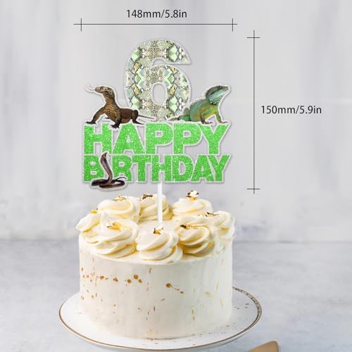 Reptile Cake Topper Lizard Theme 6th Birthday Happy Gecko Lizard Decorations for Boys or Girls Reptile Themed Birthday Party, Swamp Themed Party, or Pet Birthday Party Decorations. SugarGera