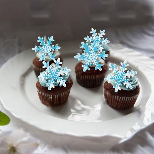 50 PCS Edible Snowflake Cupcake Toppers Wafer Paper Snowflake Cake Decorations Edible Snowflake Cupcake Picks Topper for Christmas Winter Frozen Theme Baby Shower Birthday Party Decor Supplies