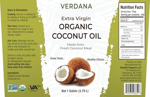 Verdana Organic Extra Virgin Coconut Oil, Food Grade, Unrefined Cold Pressed, USDA Organic, 1 Gallon, Bulk Value Size for Cooking, Baking & Soap Making