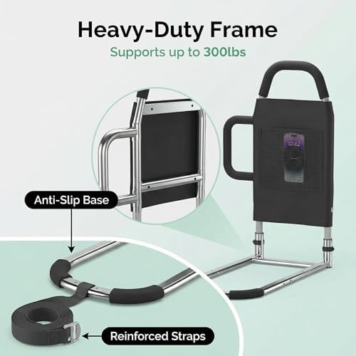 Bed Rails for Elderly Adults – 25.4″ Upgraded Assist Rail with Dual Handles, Storage Pocket, No Drilling, 300LBS, ASTM Compliant