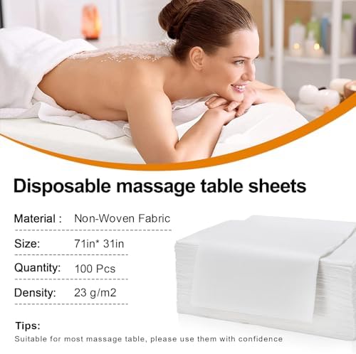 100PCS Massage Table Sheets, Disposable Bed Sheets for Massage Table, Spa Bed Covers for Esthetician, Tattoo, Waxing, Lash Bed, Salon Table, Non-Woven Fabric 71" x 31" (White)
