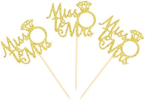 Ercadio 24 Pack Gold Miss to Mrs Cupcake Toppers Ring Cupcake Picks Decorations for Bridal Shower Wedding Engagement Anniversary Party