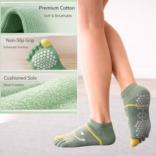 Soxsense Cute Pilates Toe Socks with Grips Non-Slip Five Finger Yoga & Barre Workout Socks, A Fun Gift for Happy Healthy Feet
