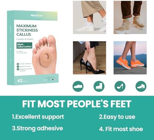 Welnove 42pcs Callus Pad with Water-Resistant Self-Stick Adhesive, Protects Foot, Heel and Toes from Rubbing and Friction,Oval Shape Design,Reduce Pressure and Friction from Shoes Rubbing-Skin Color