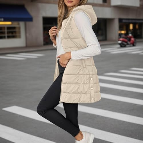 JiXiang Long Vest for Women Sleeveless Winter Warm Quilted Zipper Puffer Vest with Hood Padded Down Coat Jackets Outerwear