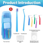 9-in-1 Orthodontic Oral Care Kit with Case – Toothbrush, End Tuft Toothbrush, 5 Interdental Brushes, Dental Floss, Dental Wax – Portable Hygiene Set for Braces and Daily and Travel Use (Blue)