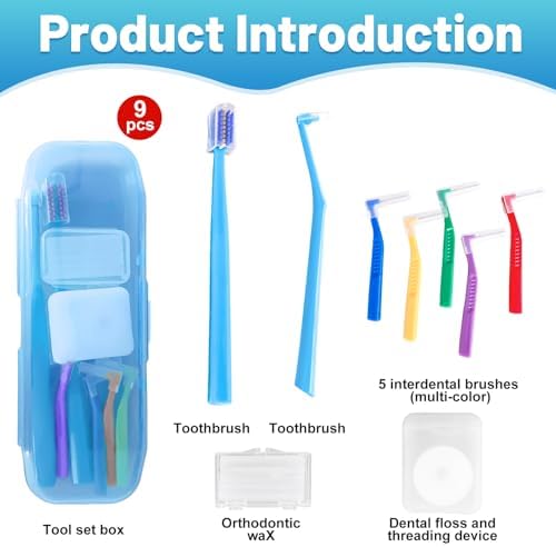 9-in-1 Orthodontic Oral Care Kit with Case – Toothbrush, End Tuft Toothbrush, 5 Interdental Brushes, Dental Floss, Dental Wax – Portable Hygiene Set for Braces and Daily and Travel Use (Blue)