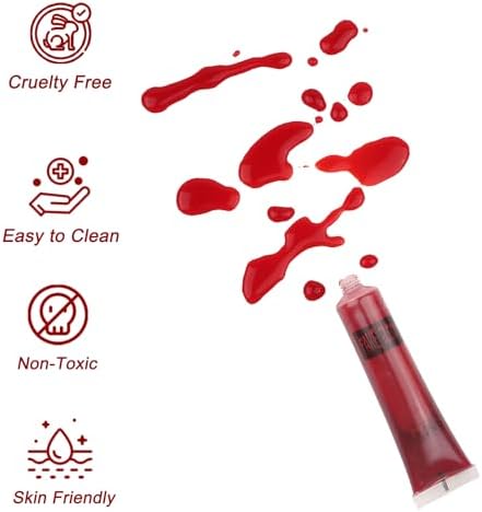 Fake Blood + Vampire Teeth Halloween Makeup Set, 1 OZ Washable Bright Fake Blood, Halloween White Teeth Fangs Teeth for Halloween Cosplay Party Favors