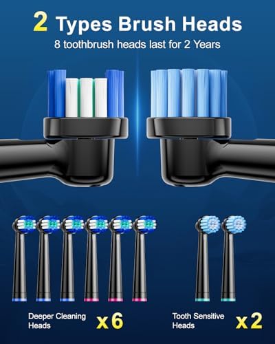Rotating Electric Toothbrush for Adults, Rechargeable Power Toothbrush with 5 Cleaning Modes, 2-Minute Smart Timer, 8 Brush Heads (2 Types), Travel Case, Black