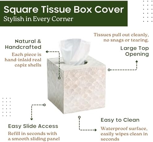 CHI AN HOME 5.8” Capiz Tissue Box Cover, Square Decorative Tissue Holder with Bottom Slider, Handmade Bathroom Accessories, Elegant White Cube for Vanity, Bedroom, Office & Coastal Décor (Natural)