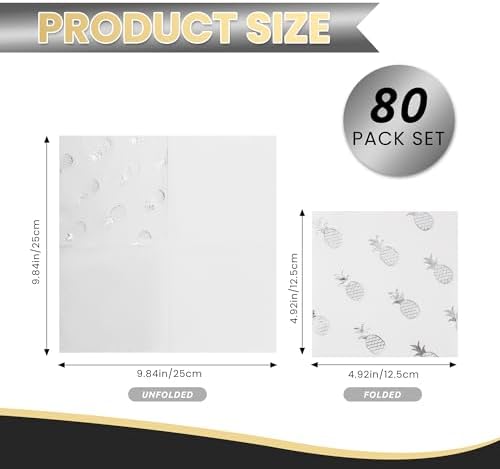 80 Pack of White Paper Cocktail Napkins with Silver Foil Pineapple Pattern,Party Supplies(5 x 5 in，3-ply) (Silver Pineapple)