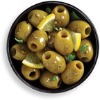 GAEA Pitted Green Olives Marinated With Lemon & Oregano Snack Pack, Vegan, liquid free, fresh olives, 2.3 Ounces (Pack Of 8)