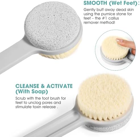 Callus Remover for Feet & Foot Scrubber - Upgraded Dual Sided Pedicure Tools for feet with Natural Pumice Stone and Nylon Brush, Foot Brush for Dead Skin Care, 14.2"x1.8", Hanging Hole Design(Gray)