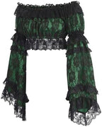 Daisy corsets Women's Green/Black Lace Smocked Flare Sleeve Peasant Top Blouse Fashion Off the Shoulder
