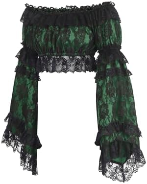 Daisy corsets Women's Green/Black Lace Smocked Flare Sleeve Peasant Top Blouse Fashion Off the Shoulder