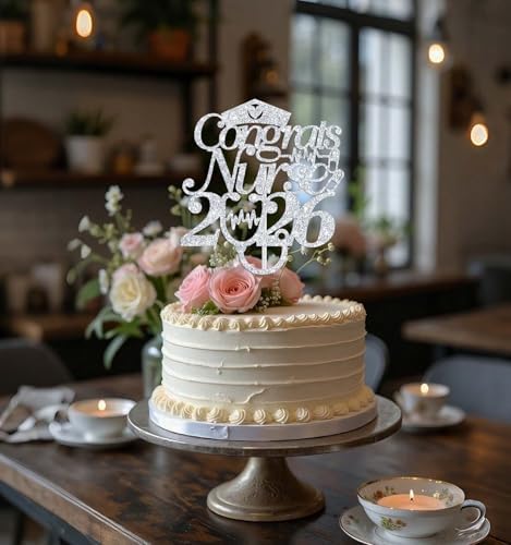 Congrats Nurse 2026 Cake Topper, Future RN/BSN/NP/LPN, Nursing School Grauation Party Decorations Supplies, Silver Glitter