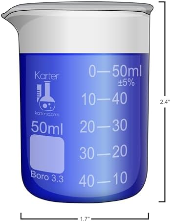 Karter Scientific 214T2, 3.3 Boro, Griffin Low Form, Glass Beaker Set - 4 Sizes - 10ml, 50ml, 100ml, 250ml