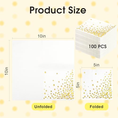 100 Pcs Gold Cocktail Napkins, 3-Ply Party Paper Napkins, 5 x 5 Inches Bar Napkin Disaposable for Weddings, Birthdays, Baby Showers, Anniversaries, and Cocktail Parties (White)
